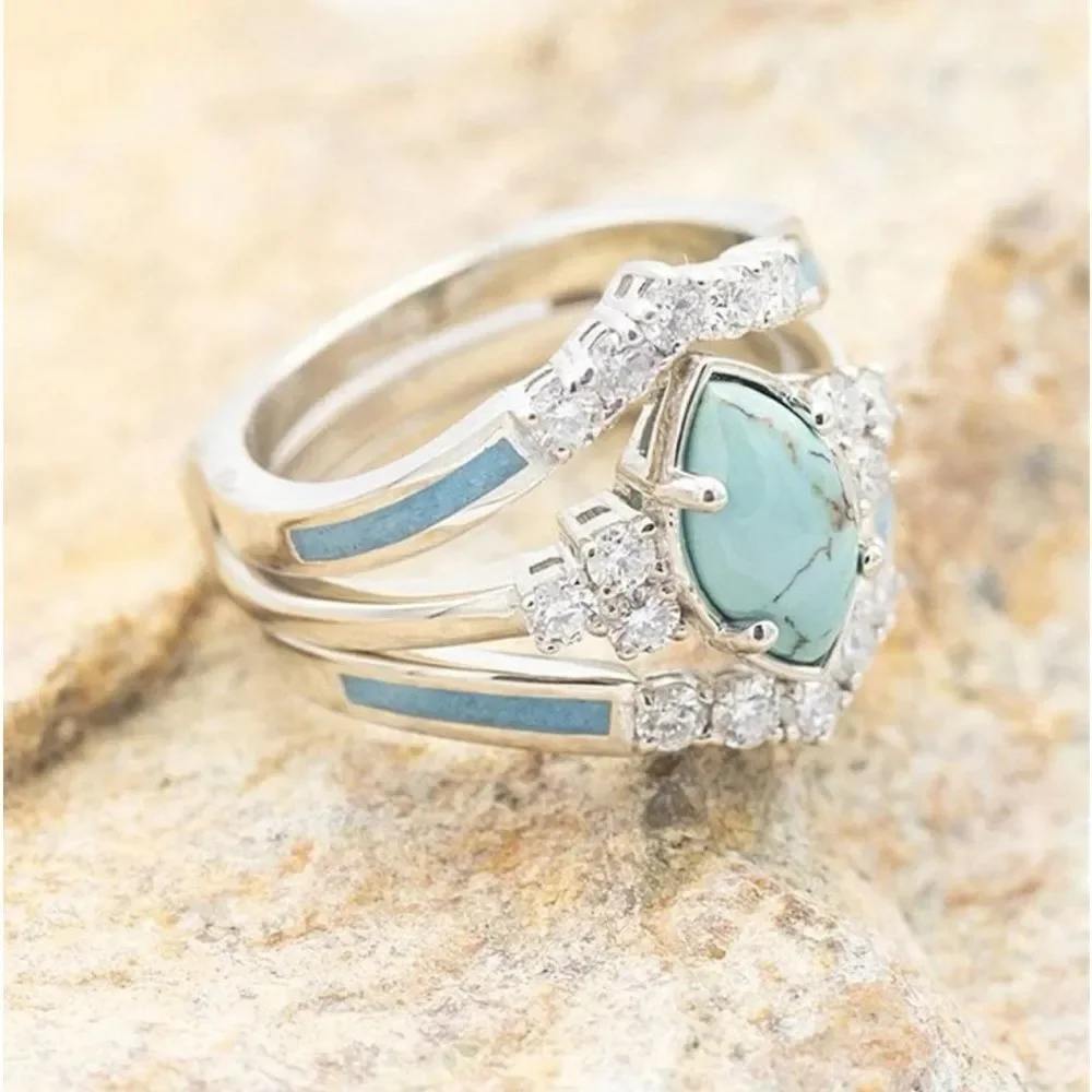 Western Bohemian Navajo Turquoise Wedding Engagement Ring Diamond Ring Set - Picture 3 of 12